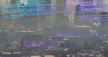 Animation of financial data processing over cityscape. Global business, finances, computing and data processing concept digitally generated video.