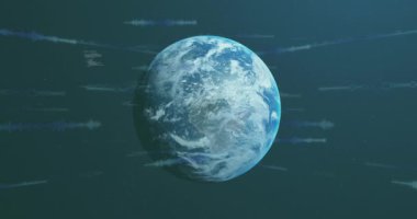 Mavi arka planda dünya üzerinde veri işleme animasyonu. Küresel iş, finans, bilgisayar ve veri işleme kavramı dijital olarak oluşturulmuş video.