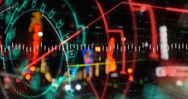 Gece trafiğine karşı yuvarlak tarayıcı ve finansal veri işleme animasyonu. Küresel finans ve iş teknolojisi kavramı