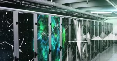 Animation of interface with data processing against plexus networks over computer server room. Computer interface and business data storage technology concept