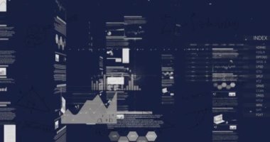 Animation of financial data processing over blue background. Global business, finances, computing and data processing concept digitally generated video.