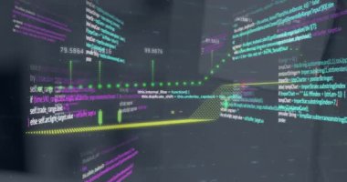 Animation of financial data processing over cityscape. Global business, finances, computing and data processing concept digitally generated video.