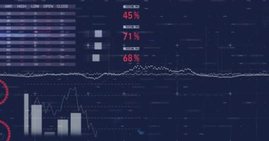 Animation of financial data processing over blue background. Global business, finances, computing and data processing concept digitally generated video.