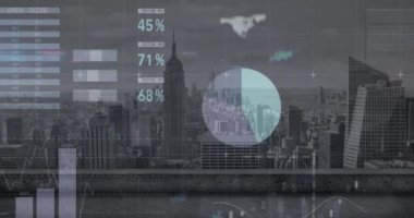 Animation of statistical data processing over grid network against aerial view of cityscape. Business data technology concept