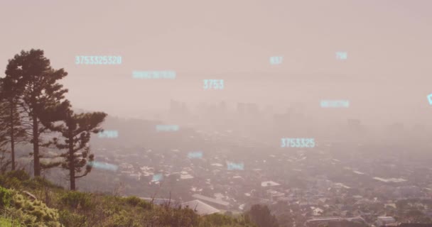 Animation Mehrfach Wechselnder Zahlen Die Gegen Die Luftaufnahme Der Stadtlandschaft — Stockvideo