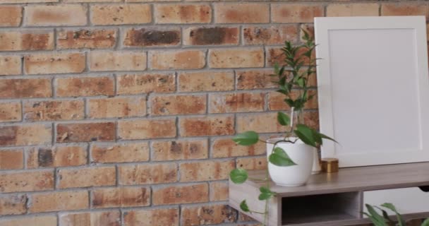 Drewniana Rama Przestrzenią Kopiowania Białym Tle Roślinami Biurku Ścianie Cegły — Wideo stockowe
