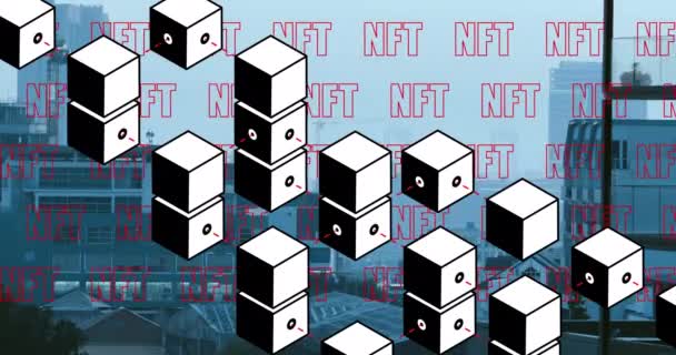 Animation Blocks Multiple Nft Text Banners Aerial View Cityscape Cryptocurrency — Stock Video