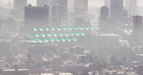 Şehir Manzarası Üzerinde Dijital Veri Işleme Animasyonu Küresel Finans Hesaplama — Stok video