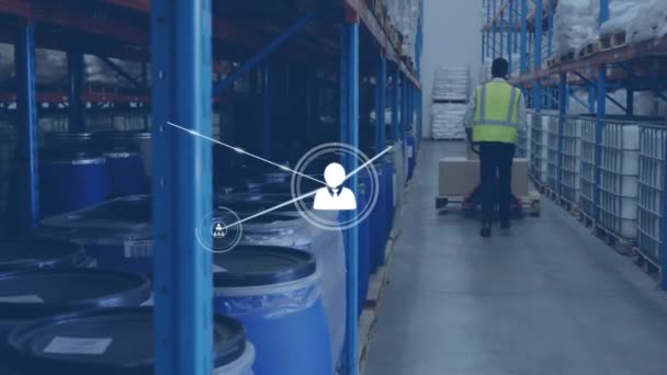 Animation Network Profile Icons Rear View Male Worker Pushing Pallet — Stock Video