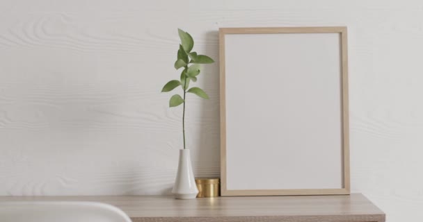 Wooden Frame Copy Space White Background Plant Desk White Wall — Stock Video