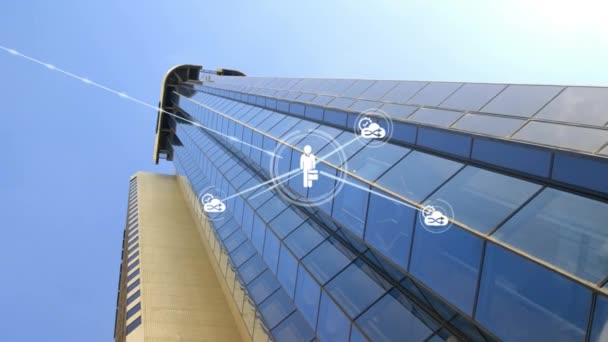 Animation Network Digital Icons Low Angle View Tall Building Blue — Stock Video