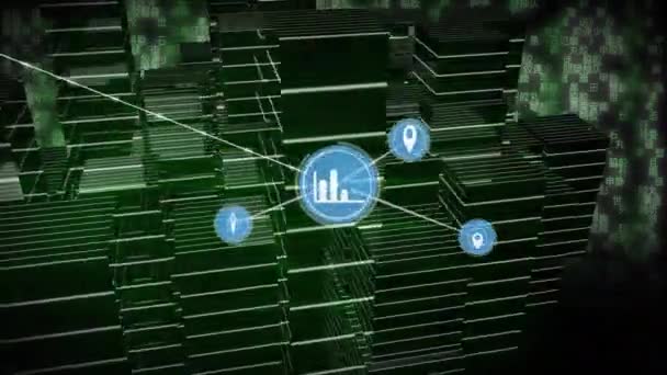 Анимация Сети Цифровых Икон Над Моделью Города Вращающейся Зеленом Фоне — стоковое видео