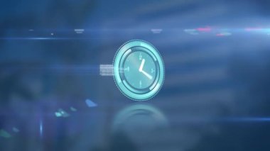 Uzun binaya karşı neon saat, veri işleme ve ışık noktasının animasyonu. Bilgisayar arayüzü ve iş teknolojisi kavramı