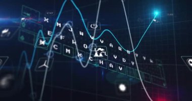 Parlayan grafikler ve mavi arkaplan üzerinde dijital simgelerin canlandırılması. Bilgisayar arayüzü ve iş teknolojisi kavramı