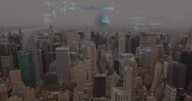 Animation of data processing against aerial view of cityscape. Computer interface and business technology concept