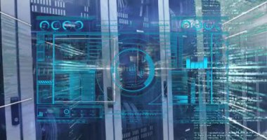 Sunucu odasında veri işleme animasyonu. küresel teknoloji, bilgisayar ve dijital arayüz kavramı dijital olarak oluşturulmuş video.