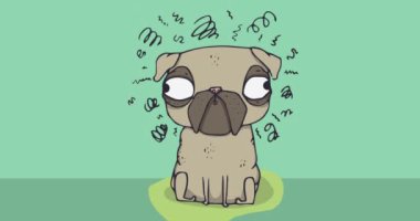Yeşil arkaplanda kopyalama alanı olan köpek simgesi canlandırması. Hayvanlar ve dijital arayüz kavramı dijital olarak oluşturuldu.
