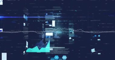 Animation of financial data processing over blue background. Global business, finances, computing and data processing concept digitally generated video.