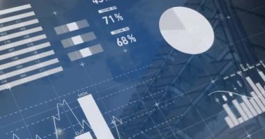 Şehir manzarası üzerinde finansal veri işleme animasyonu. küresel iş, finans ve dijital arayüz kavramı dijital olarak oluşturulmuş video.