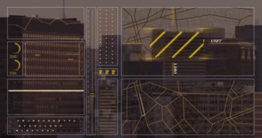 Şehir manzarasının havadan görüntüsüne karşı veri işleme arayüzünün animasyonu. Bilgisayar arayüzü ve iş teknolojisi kavramı