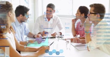 Animation of financial data processing over diverse business people in office. Global business, finances, computing and data processing concept digitally generated video.