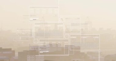 Şehir manzarasının havadan görüntüsüne karşı veri işleme arayüzlerinin animasyonu. Bilgisayar arayüzü ve iş teknolojisi kavramı