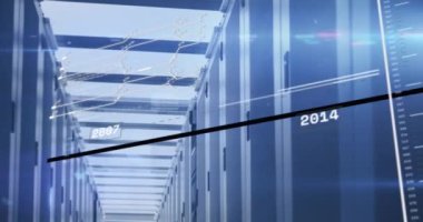 Sunucu odasında finansal veri işleme animasyonu. Küresel iş, finans, teknoloji ve dijital arayüz kavramı dijital olarak oluşturulmuş video.