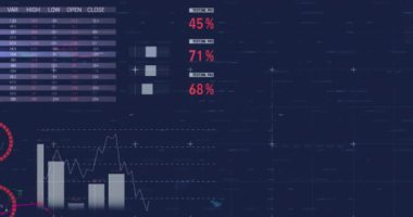 Animation of financial and statistical data processing against blue background. Global finance and business data technology concept