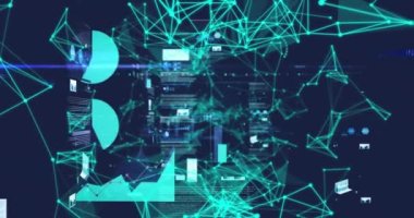 Mavi arkaplan ile veri işleme ekranları üzerinde pleksus ağlarının animasyonu. Küresel ağ ve iş teknolojisi kavramı