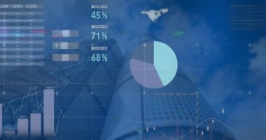 Modern bina üzerinde finansal veri işleme animasyonu. Küresel iş, finans ve dijital arayüz kavramı dijital olarak oluşturulmuş video.