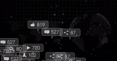 Sosyal medya simgelerinin siyah arkaplanda ve noktalarda numaraları olan animasyonları. Teknoloji, sosyal medya, bilgisayar ve dijital arayüz kavramı dijital olarak oluşturuldu.