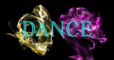 Siyah zemin üzerinde sarı ve pembe şekiller üzerinde dans metninin animasyonu. Soyut arkaplan, sosyal medya ve dijital olarak oluşturulmuş gelecek konsepti.