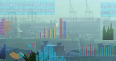 Animation of financial data processing over cityscape. Global business, finances, computing and data processing concept digitally generated video.