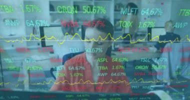 Animation of financial data processing over caucasian businesswoman in office. Global business, finances, computing and data processing concept digitally generated video.