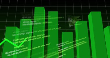 Koyu arkaplan üzerinde yeşil çizgi ve finansal veri işleme animasyonu. Küresel iş, finans, hesaplama ve veri işleme kavramı dijital olarak oluşturulmuş video.
