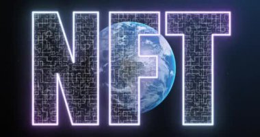 Nft metninin siyah arkaplandaki dünya üzerinde canlandırması. Küresel teknoloji, bilgisayar ve dijital arayüz kavramı dijital olarak oluşturulmuş video.