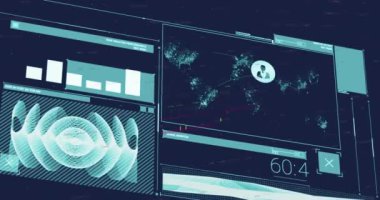 Animation of interface with data processing against blue background. Computer interface and business technology concept