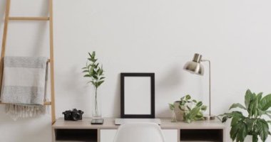 Beyaz arkaplanda fotokopi alanı olan siyah çerçeve ve beyaz duvara dayalı bitkiler. Çerçeve, ev dekorasyonu ve iç tasarım konsepti.