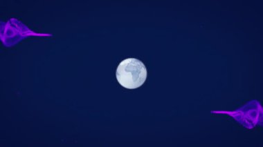 Mavi arka planda dönen küre animasyonu ve mor örgü. Dijital olarak oluşturulmuş küresel bilgisayar ve veri işleme kavramı.