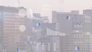 Animation of data processing over cityscape. Global business, finances, computing and data processing concept digitally generated video.