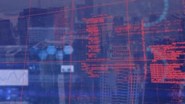 Şehir manzarasının havadan görüntüsüne karşı borsa veri işleme şebekesi üzerinde animasyon. Küresel ekonomi ve iş teknolojisi kavramı