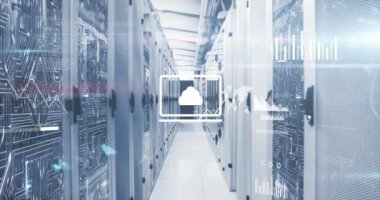 Animation of data processing over computer servers. Global computing and data processing concept digitally generated video.