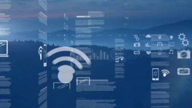 Dağların havadan görünüşüne karşı veri işleme ekranlarının animasyonu. Bilgisayar arayüzü ve iş veri teknolojisi kavramı