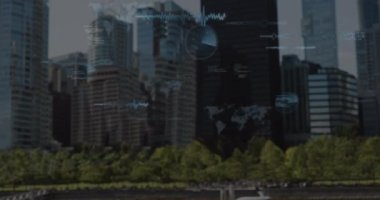 Animation of data processing against aerial view of cityscape. Computer interface and business technology concept