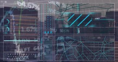 Animation of financial data processing over cityscape. Global business, finances, computing and data processing concept digitally generated video.