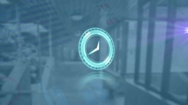 Neon saat animasyonu, istatistiksel veri işleme ve boş ofise karşı ışık noktası. Bilgisayar arayüzü ve iş veri teknolojisi kavramı