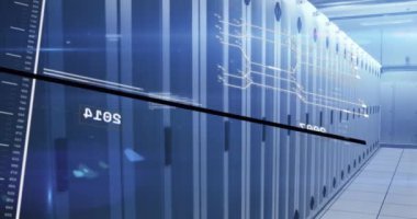 Animation of interface with data processing against computer server room. Computer interface and business data storage technology concept