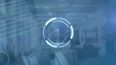 Neon yuvarlak tarayıcının animasyonu, istatistiksel veri işleme ve boş ofise karşı ışık noktası. Bilgisayar arayüzü ve iş veri teknolojisi kavramı