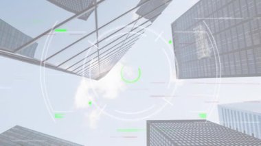 Animation of data processing over cityscape. Global business, finances, computing and data processing concept digitally generated video.