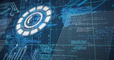 Yuvarlak tarayıcı, veri işleme ve mikroişlemci bağlantıları ile arayüzün animasyonu. Bilgisayar arayüzü ve iş teknolojisi kavramı